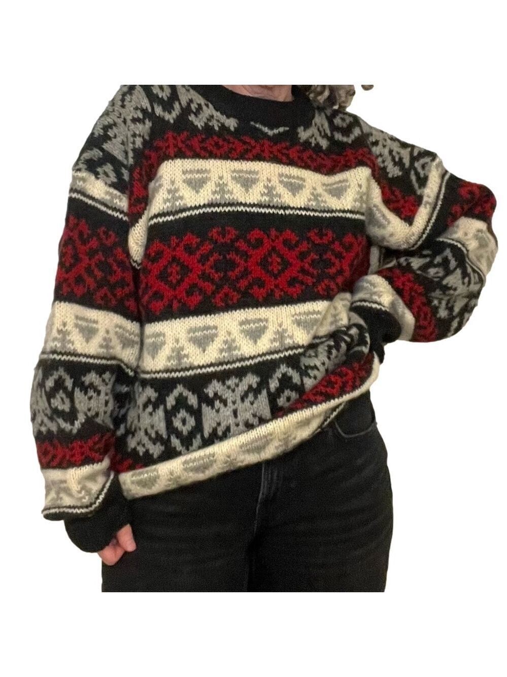 VINTAGE 100% Virgin Wool Pullover Crew Neck Sweater Black Cream Grey Red Unisex - Picture 4 of 11